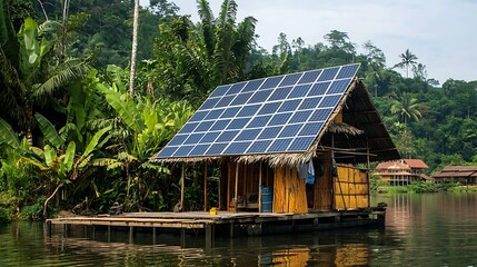 Fototapeta premium Sustainable eco-friendly house on stilts powered by solar panels