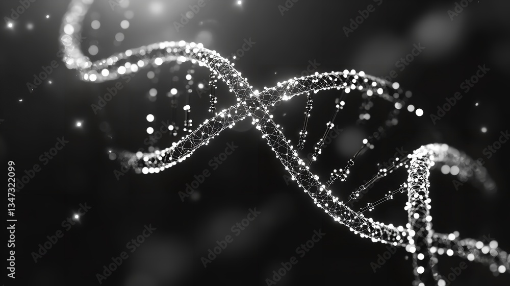 Poster abstract dna double helix structure digital art science background 3d gene dots gray dark nodes