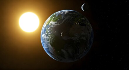 A twin Earth with two moons orbiting it, bathed in the golden light of a distant sun, Ai Generated