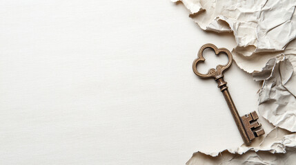 vintage key rests on crumpled paper, symbolizing mystery and discovery. textured background adds depth to composition