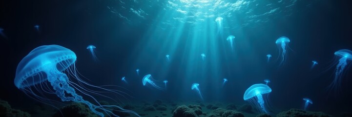 Fototapeta premium Celebrate world aquatic day with a serene underwater scene featuring luminous jellyfish gracefully drifting in sunlit waters.