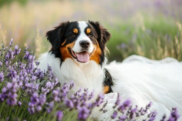 Fototapeta premium Beautiful Bride with Beloved Sennenhund Bernese Amidst Lavender Fields - A Charming Wedding Love Story in Nature's Embrace