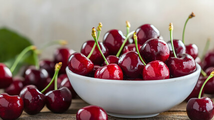 Fresh Cherries In White Bowl On Wooden Background