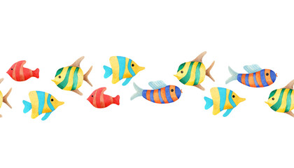 Watercolor seamless border with tropical fish. Illustration template for printing wrapping paper, packaging, fabric..