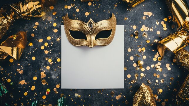Elegant Masquerade Ball Invitation: Celebrate in Gold with Confetti and Masks on Blank Paper for Your Text