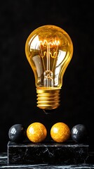 Lit bulb floating over spheres on a surface. Background is black