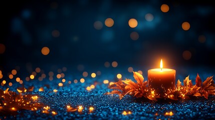 Lit candle, leaves, sparkle background, fall mood