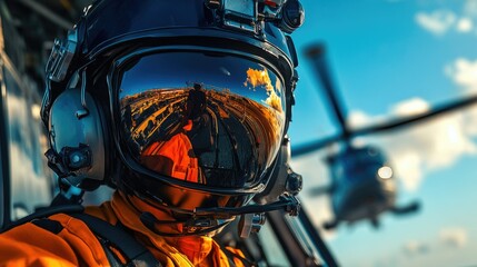 Military Helicopter Pilot's Helmet Reflection During Rescue Operation on Ship's Flight Deck