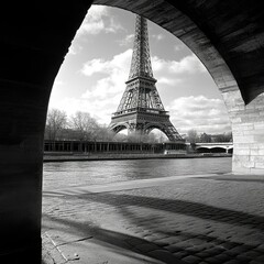 Monochrome Perspective of Eiffel Tower Over Seine: Captivating Parisian Architecture and Cityscape