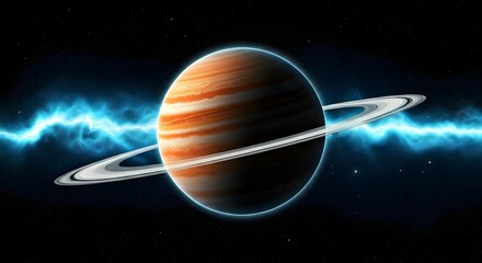 A vibrant orange planet with white rings, surrounded by a sparkling blue nebula, Ai Generated