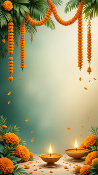 Happy gudi padwa festive background with marigold flowers, tropical leaves, and glowing diya.