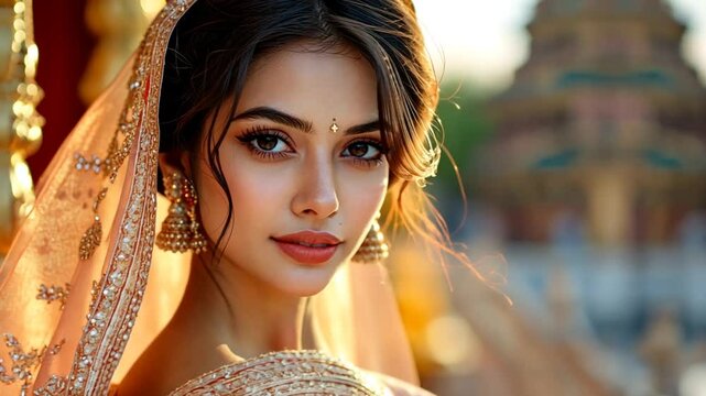 A gorgeous south asian woman in traditional dress adorned with glittering jewelry and soft natural light