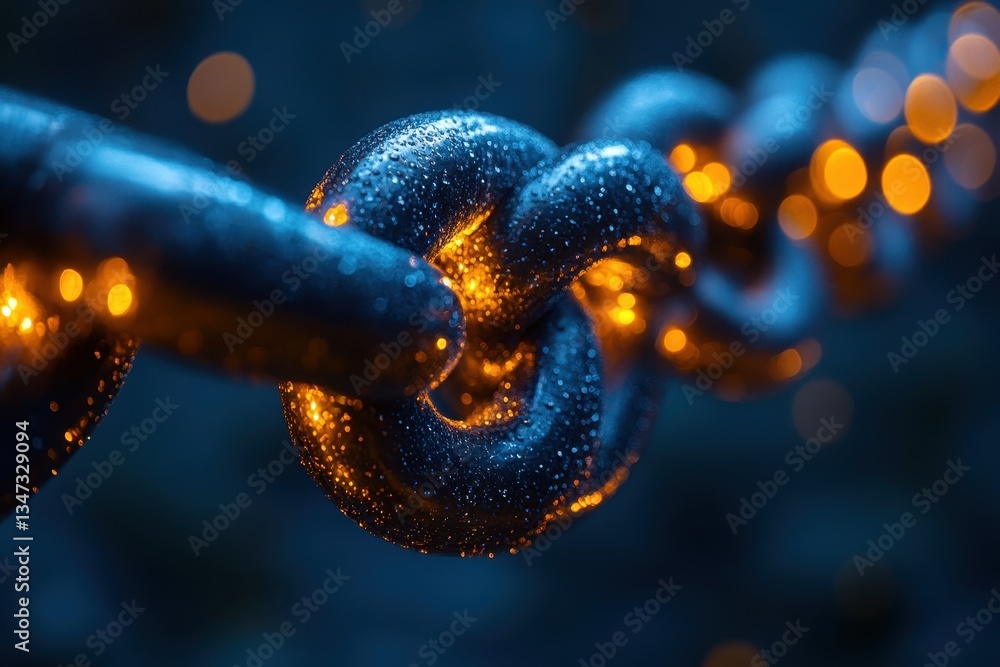 Wall mural close-up of a metallic chain link illuminated with golden reflections in a dark setting at dusk