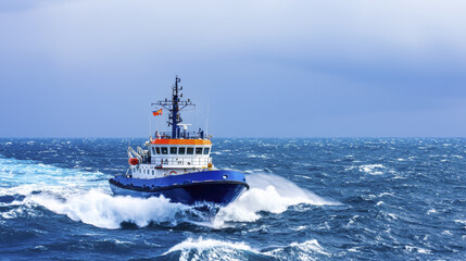 tugboat navigates through rough ocean waves, showcasing its strength and resilience against elements