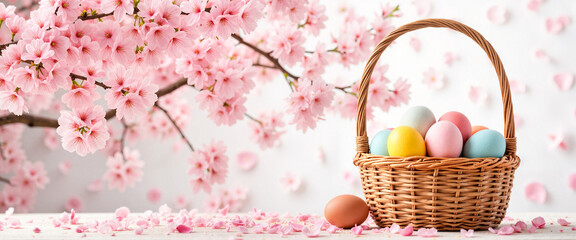 Easter basket filled with colorful eggs against cherry blossoms  