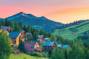Obraz premium Summer Sunset Over Mount Crested Butte: Charming Colorado Houses Amidst Lush Green Trees