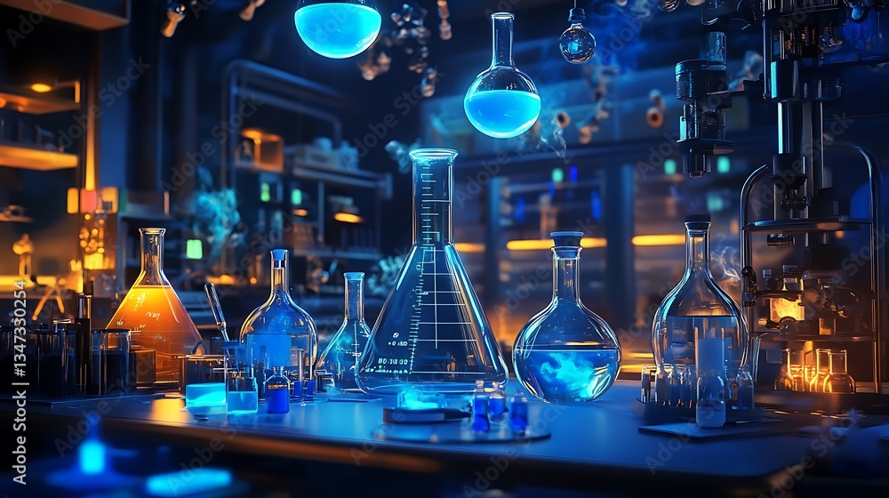 Poster a high-tech chemistry lab with holographic models for studying complex reaction pathways and their a