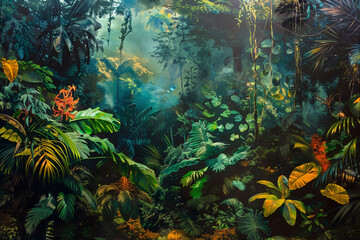 Fototapeta premium A vivid and abundant portrayal of a rainforest, showcasing its multi-layered vegetation, vibrant plant life, and distinct atmosphere of moisture and diverse life forms that characterize exceptio