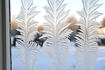 Frost patterns on windowpane, snowy landscape visible, winter scene, for use in nature and winter themes