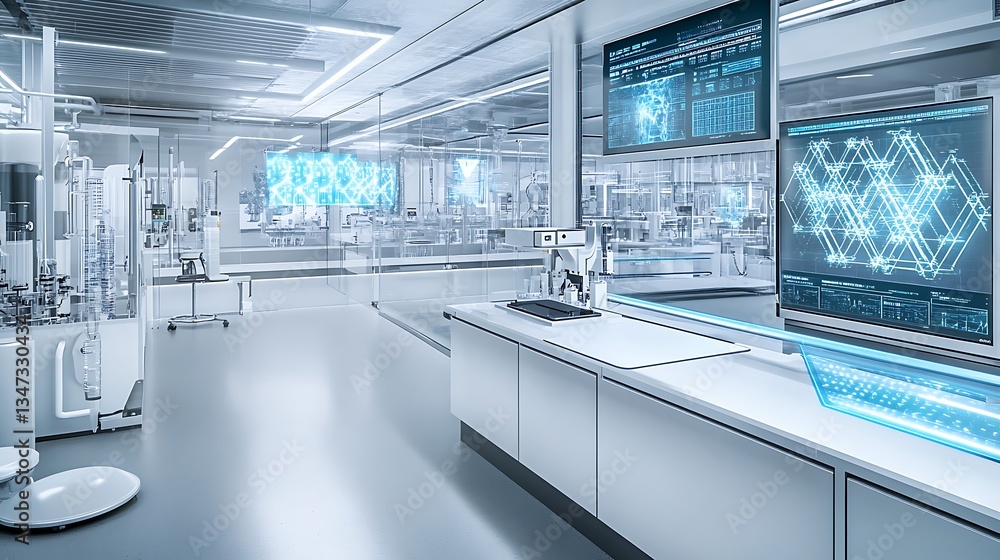 Poster a high-tech chemistry lab with holographic models for studying complex reaction pathways and their a