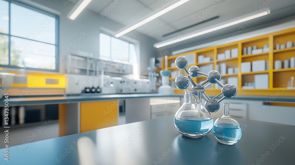 Poster a high-tech chemistry lab with holographic models for studying complex reaction pathways and their a