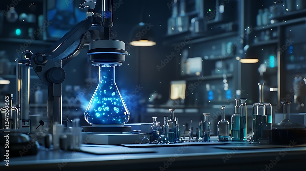 Poster a high-tech chemistry lab with real-time digital tools for monitoring chemical reactions and optimiz