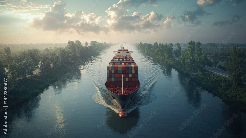 Poster a large container ship makes its way through a serene waterway, flanked by vibrant greenery and soft