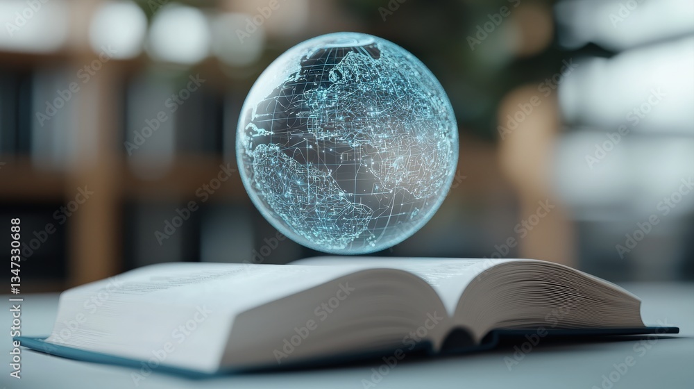 Aufkleber a transparent globe with a digital map hovers above an open book, symbolizing knowledge and the inte