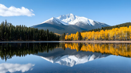 Snow capped mountain reflecting on a calm lake surrounded by colorful autumn trees under a clear blue sky