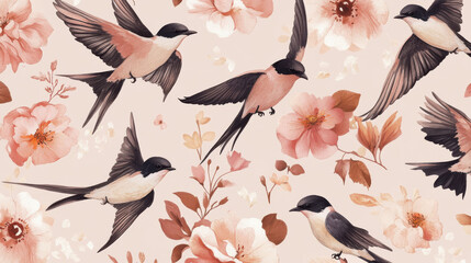 A meticulously designed seamless pattern showcasing graceful swallows in gentle flight, their feathers detailed with soft shading and warm hues