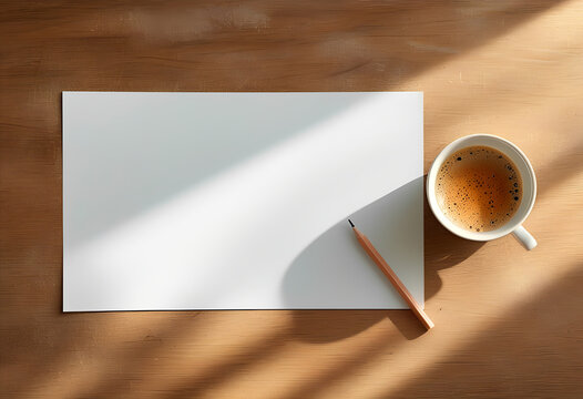 cup of coffee and a blank sheet of paper on a wooden table, top view