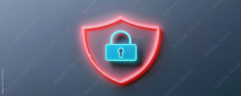 Poster a neon shield icon with a padlock symbolizes security and protection in a digital context.