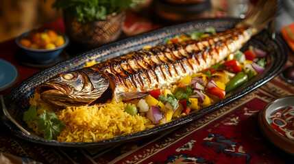 Fototapeta premium Exquisite Grilled Fish Platter: A delectable whole grilled fish served on a bed of vibrant yellow rice and a medley of colorful vegetables, an enticing culinary masterpiece.