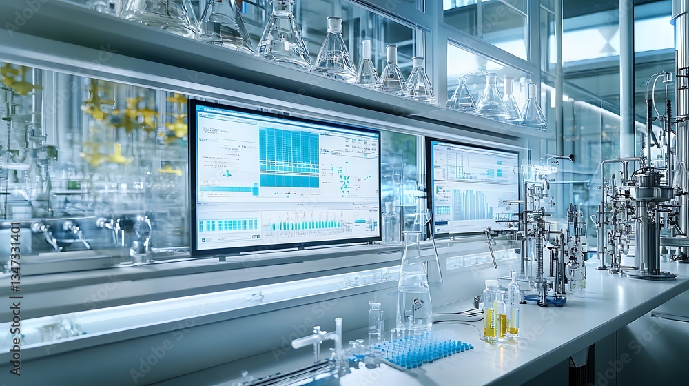Poster a high-tech chemistry lab with holographic tools for studying reaction mechanisms and optimizing syn
