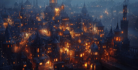Obraz premium This breathtaking medieval cityscape showcases tightly packed buildings with glowing windows against a foggy night backdrop. The warm lights create a magical, enchanting mood