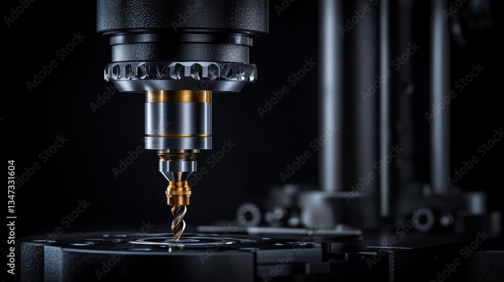 Poster a high-precision machining tool is actively engaged in a metalworking task. the cutting tool rotates