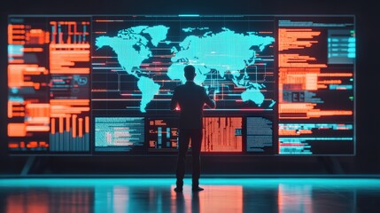 A person analyzes data on a large digital screen displaying global maps and graphics in a high-tech environment.