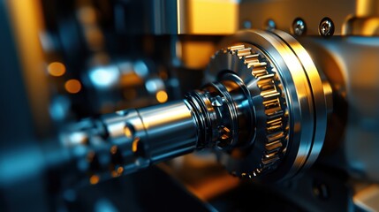 Fototapeta premium Close-up view of a metal gear being precision machined in a high-tech factory. Bright lights reflect off the polished surfaces, showcasing the intricate details of the machinery in action