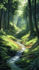 Obraz premium A verdant forest scene featuring a flowing stream of water