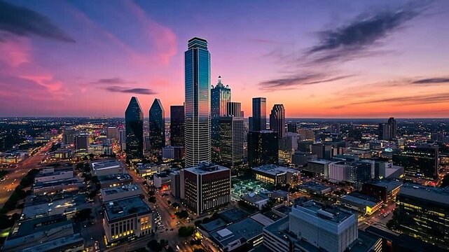 Dallas Skyline Sunset Aerial View
