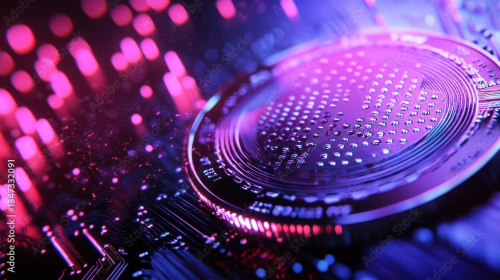 Poster futuristic components with detailed circuitry are illuminated in vivid colors, creating a captivatin