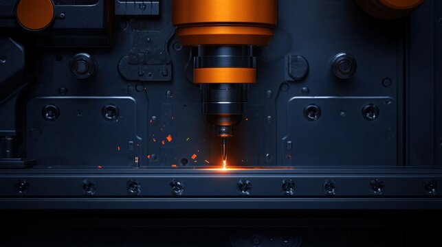 A laser cutting machine operates in a busy manufacturing facility. The high-energy beam cuts precise shapes from a metal sheet, showcasing the capability of modern engineering