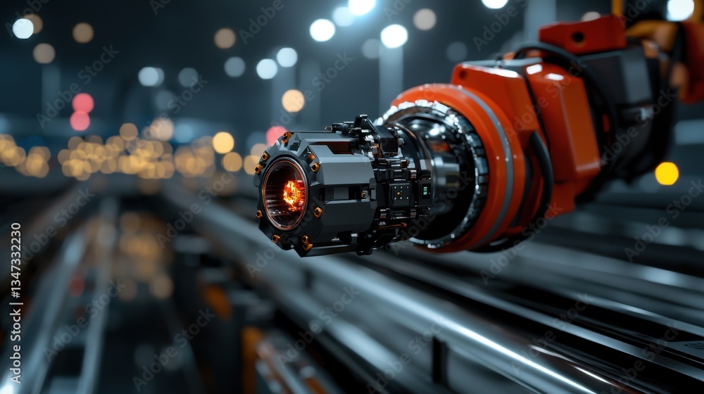 Poster a robotic arm equipped with intricate technology performs precision tasks in a bustling factory duri