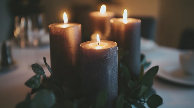 Four lit grey candles surrounded by eucalyptus leaves sit on a table, creating a warm and inviting ambiance. The soft light from the candles creates a cozy atmosphere.