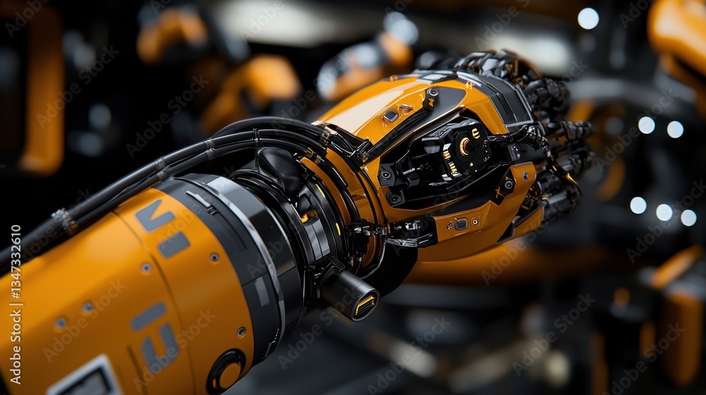 Poster close-up view of a robotic arm featuring intricate components and vibrant orange design, set in a hi