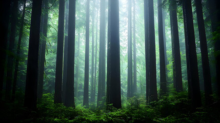 Naklejka premium Dense Forest Interior Scene with Sunlight Piercing Through Canopy in Green Tones