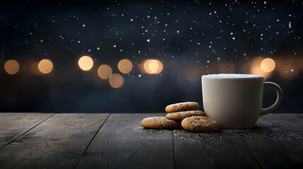 Cup Of Coffee And Stacked Cookies On Dark Wooden Table With Bokeh Background