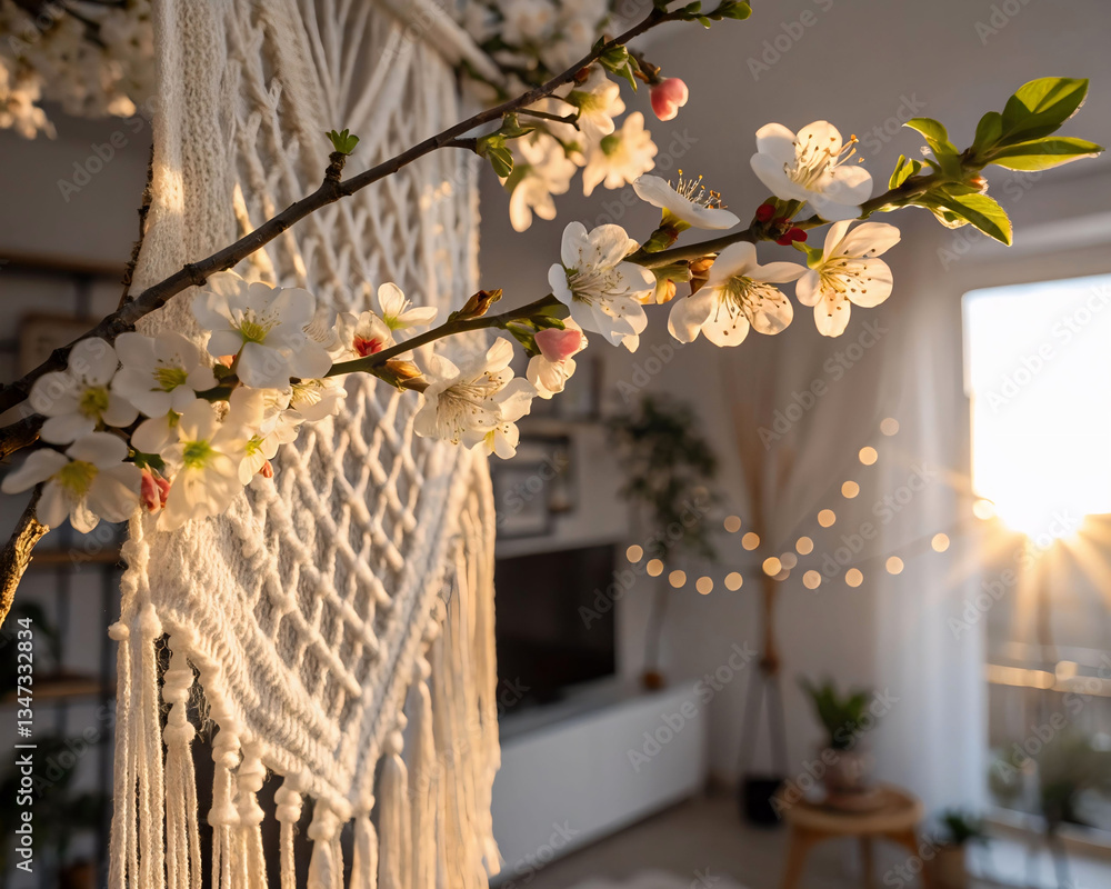 Aufkleber a cozy living room setting with a white macrame wall hanging, a potted plant, and a string of lights