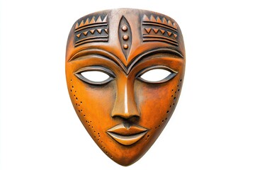 A traditional African wooden mask with intricate carvings, isolated on a white background, representing tribal culture and craftsmanship.