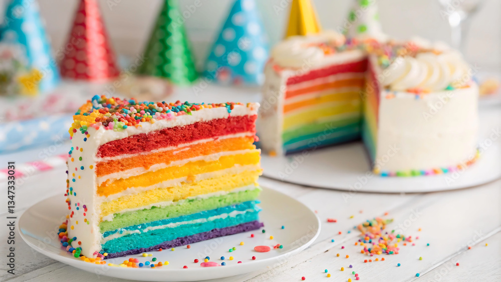 Aufkleber a slice cut out is placed on a plate with sprinkles scattered around it. the background features par